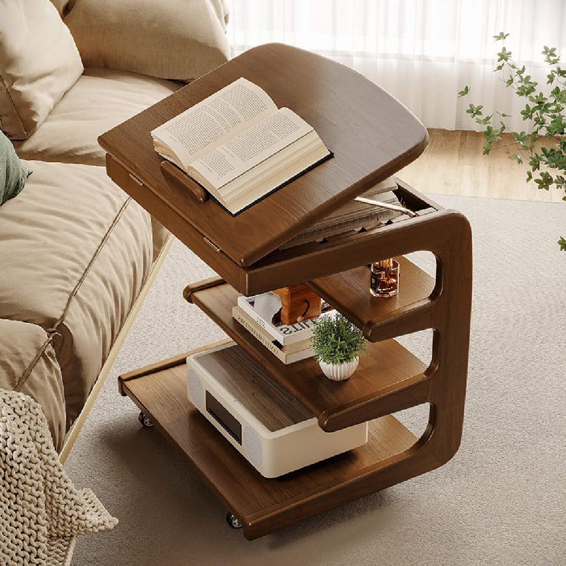 TrueyEssence C-Shaped End Table with Wheels, 4-Tier Small Side Table Wooden Couch Table Reading Table with Storage Adjustable Desktop for Living Room Bedroom