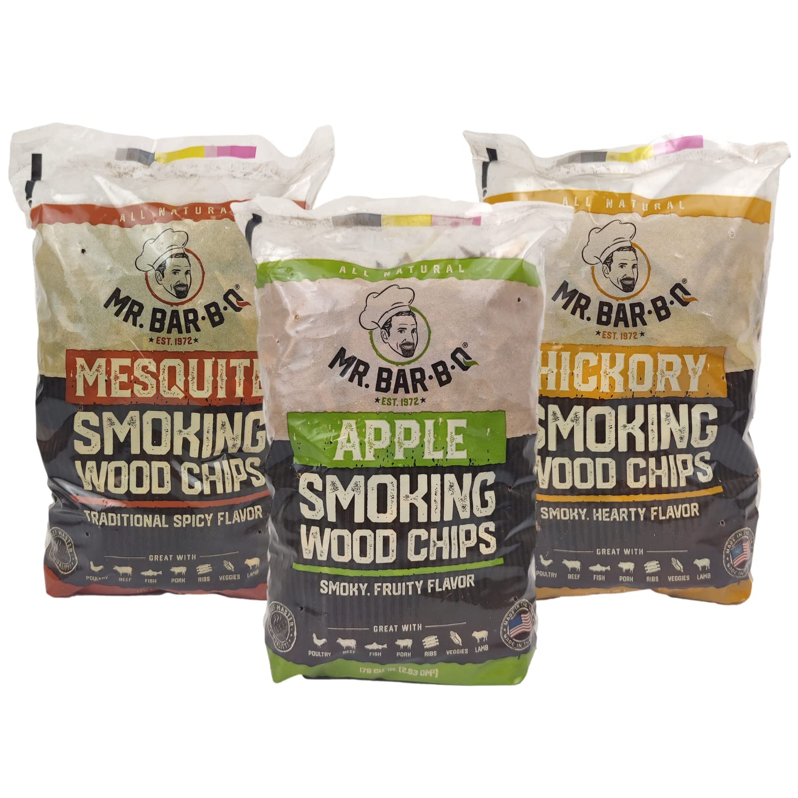Wood Smoker Chips Bundle of 3 Flavors - Apple, Mesquite & Hickory Wood Chips for Smokers, Can be Used on Gas, Charcoal Grill, 3 Variety Flavor for Grilling, BBQ, Camping by Mr. Bar-B-Q(3 x 1.6 Lb Bag)