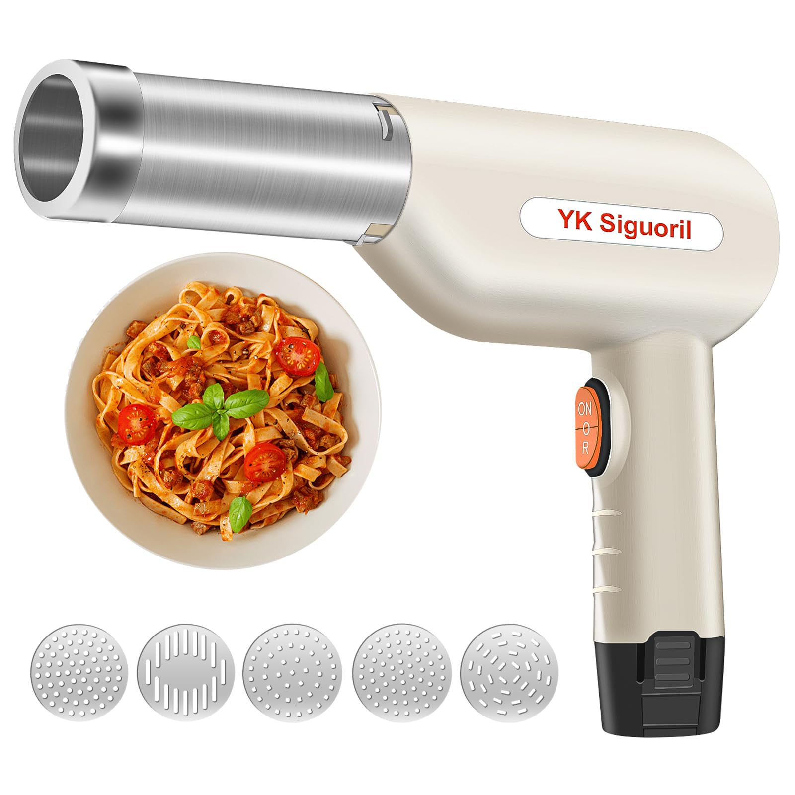 YK Siguoril Handheld Electric Pasta Maker 5-in-1 Cordless Pasta Maker Machine Automatic Noodle Press Machine for Homemade Spaghetti, Portable Noodle Maker with Dough Cutter, Quick and Easy to Clean