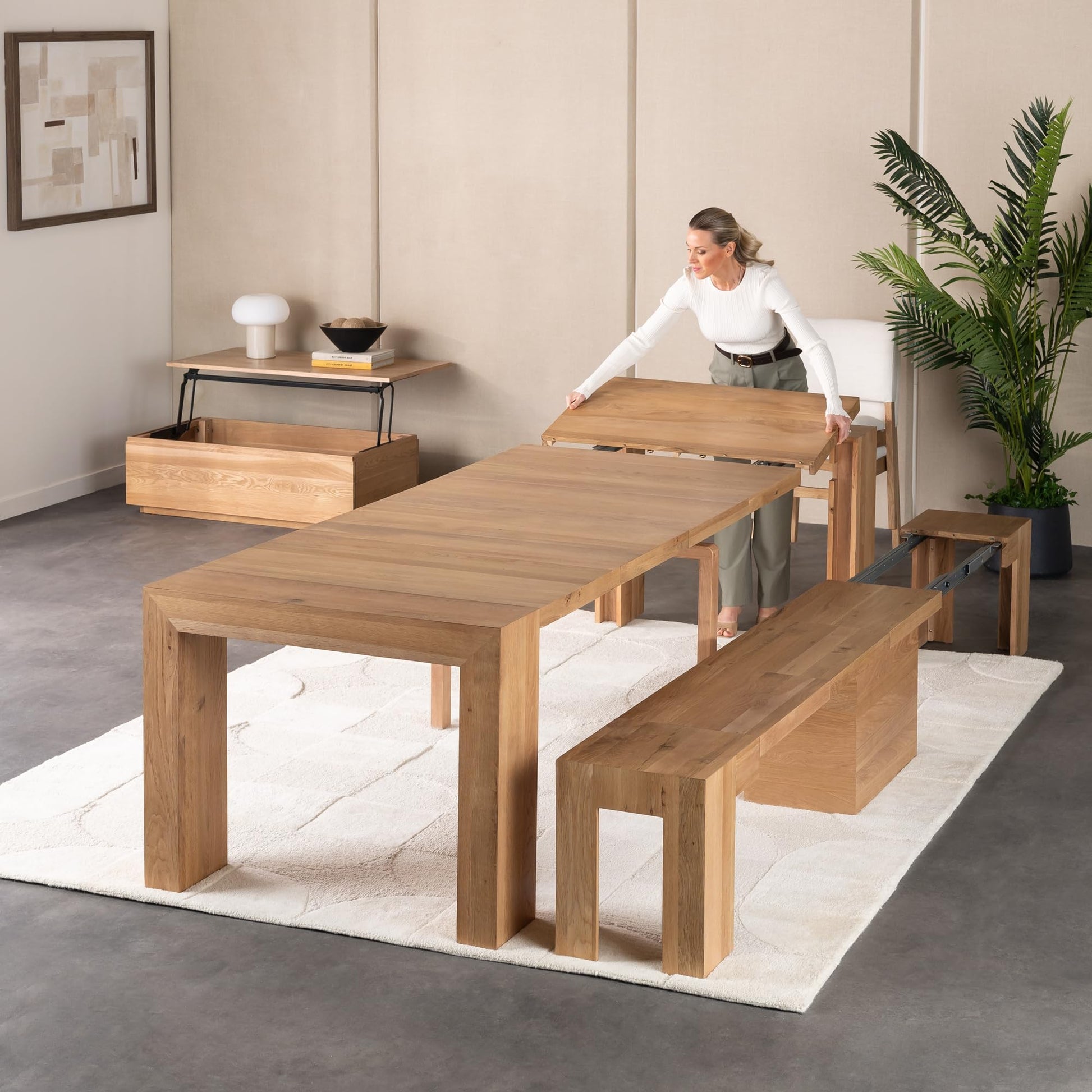 Transformer Table Expandable Dining Table Set for 4 to 12, Living Room Furniture Lift Top Coffee Table with Storage & Extendable Dining Bench, Modern Dining Room Set with Bench & Small Coffee Table