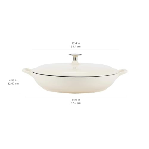 Amazon Basics Enameled Cast Iron Covered Round Casserole Skillet with Lid for Oven, 3.3-Quart, White