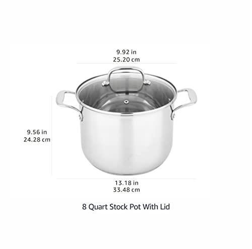 Amazon Basics Stainless Steel Stock Pot with Lid, 8 Quart, Even Heating, Easy to Clean, Silver