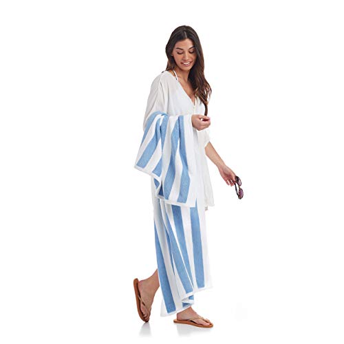 Amazon Basics Sky Blue Cabana Stripe Pool & Beach Towel, 100% Cotton, Soft & Absorbent, Machine Washable, Quick Dry, Large, 2 Pack, Sky Blue, 30" x 60"