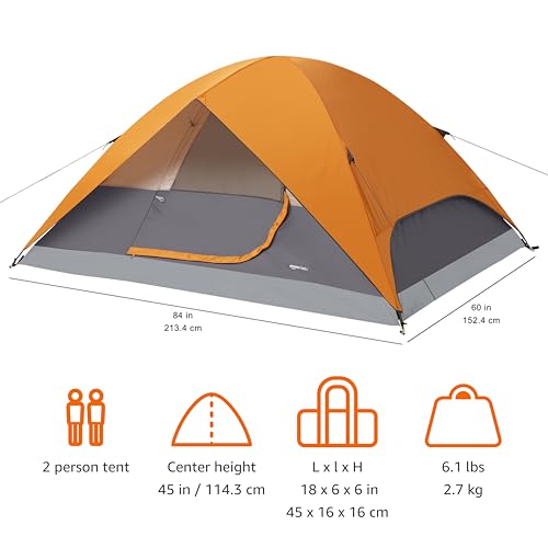 Amazon Basics Dome Camping Tent with Rainfly and Carry Bag, Orange and Grey, 2 Person
