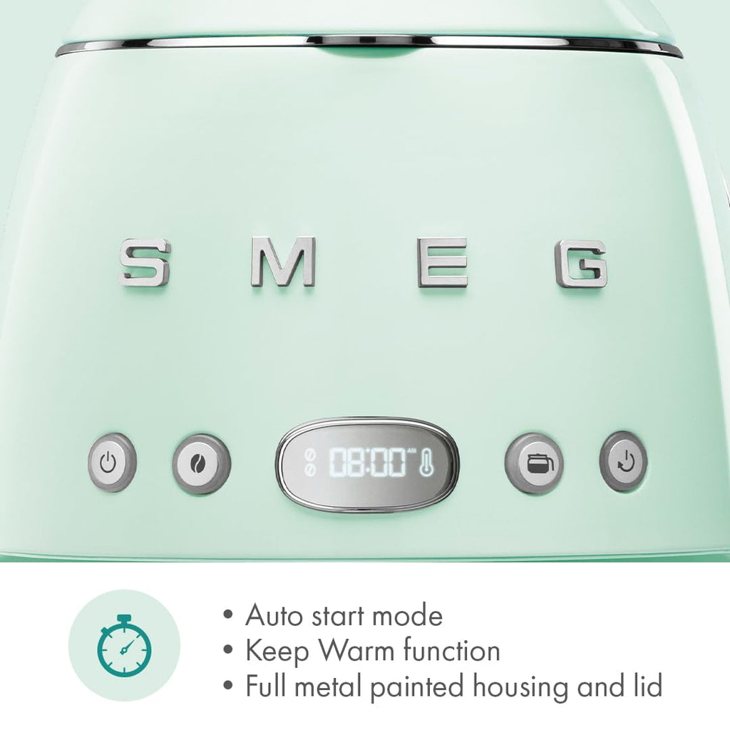 Smeg 50's Retro Style Aesthetic Drip Coffee Machine with 10 Cup Glass Carafe, Auto Start Feature, Keep Warm Plate, and Two Coffee Strength Settings (Pastel Green)