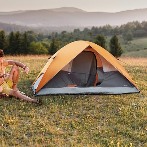 Amazon Basics Dome Camping Tent with Rainfly and Carry Bag, Orange and Grey, 2 Person