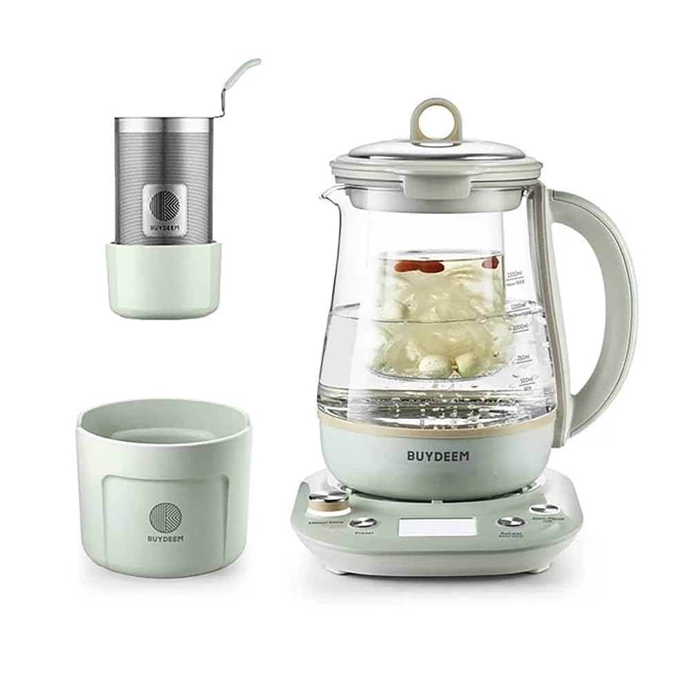 BUYDEEM Health Pot K2763 Lite, Glass Electric Kettle for Tea & Coffee, Hot Water Boiler and Wamer with Stew Pot, Temperature Control, Green, 1.5L