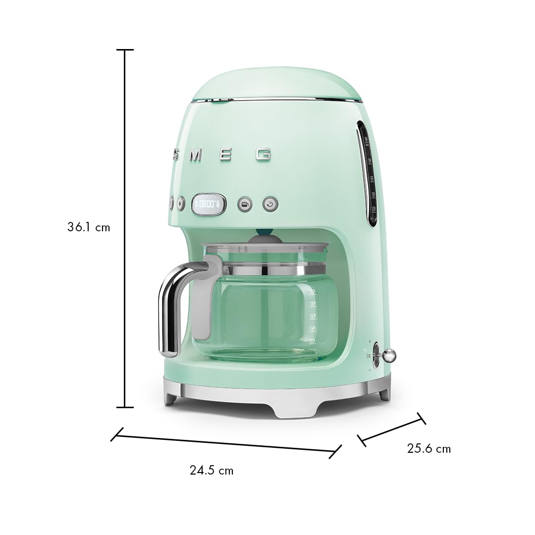 Smeg 50's Retro Style Aesthetic Drip Coffee Machine with 10 Cup Glass Carafe, Auto Start Feature, Keep Warm Plate, and Two Coffee Strength Settings (Pastel Green)