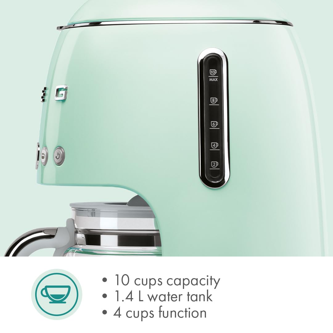 Smeg 50's Retro Style Aesthetic Drip Coffee Machine with 10 Cup Glass Carafe, Auto Start Feature, Keep Warm Plate, and Two Coffee Strength Settings (Pastel Green)