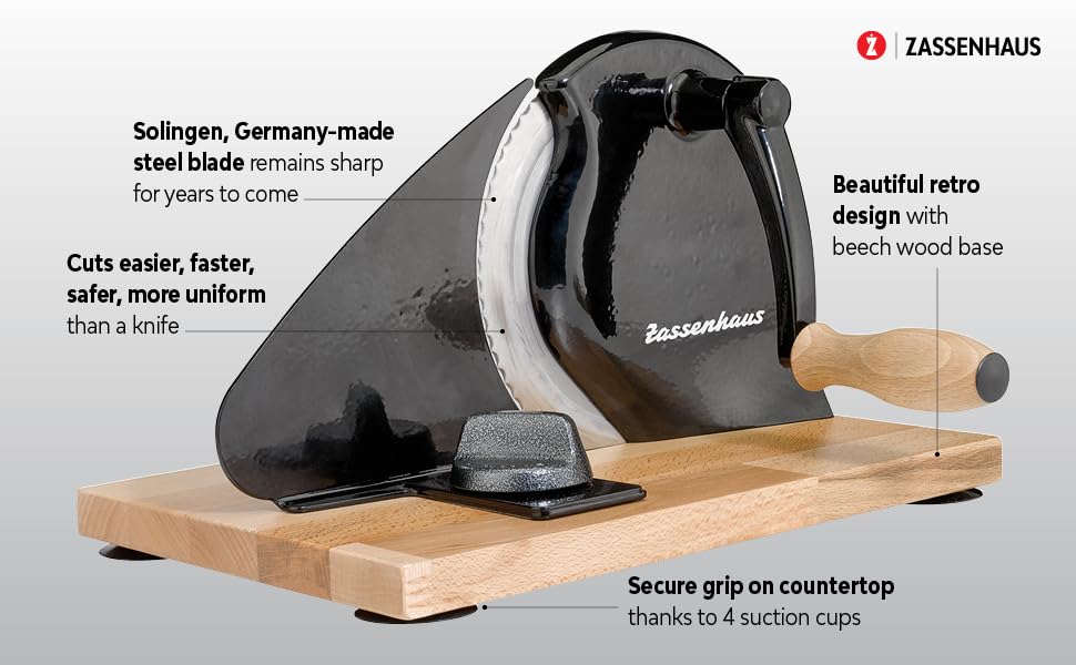 Zassenhaus Original Classic Adjustable Bread Slicer for Uniform Slices - Bread Slicer for Homemade Bread - 18/8 Stainless Steel Blade Sourdough Cutter - Cream, 11.75" x 8"