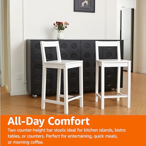 Amazon Basics Wooden Bar Stool with Backrest 24", White, Set of 2
