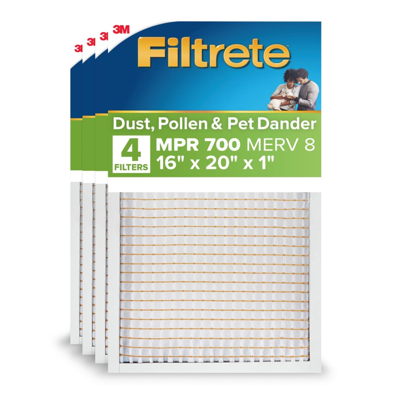 Filtrete 16x20x1 AC Furnace Air Filter, MERV 8, MPR 700, Tough on Pollen, Easy on Airflow, 3-Month Pleated 1-Inch Electrostatic Air Cleaning Filter, 4-Pack (Actual Size 15.688 x 19.688 x 0.78 in)