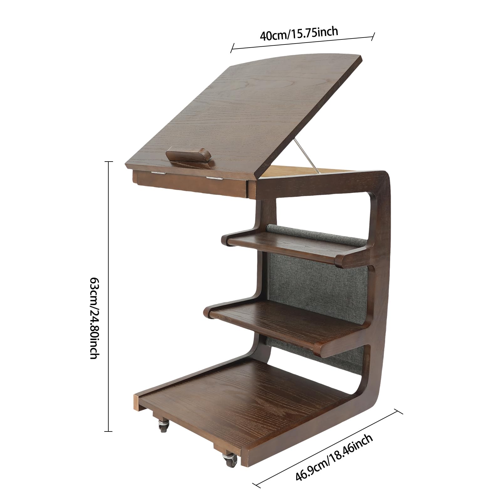 TrueyEssence C-Shaped End Table with Wheels, 4-Tier Small Side Table Wooden Couch Table Reading Table with Storage Adjustable Desktop for Living Room Bedroom