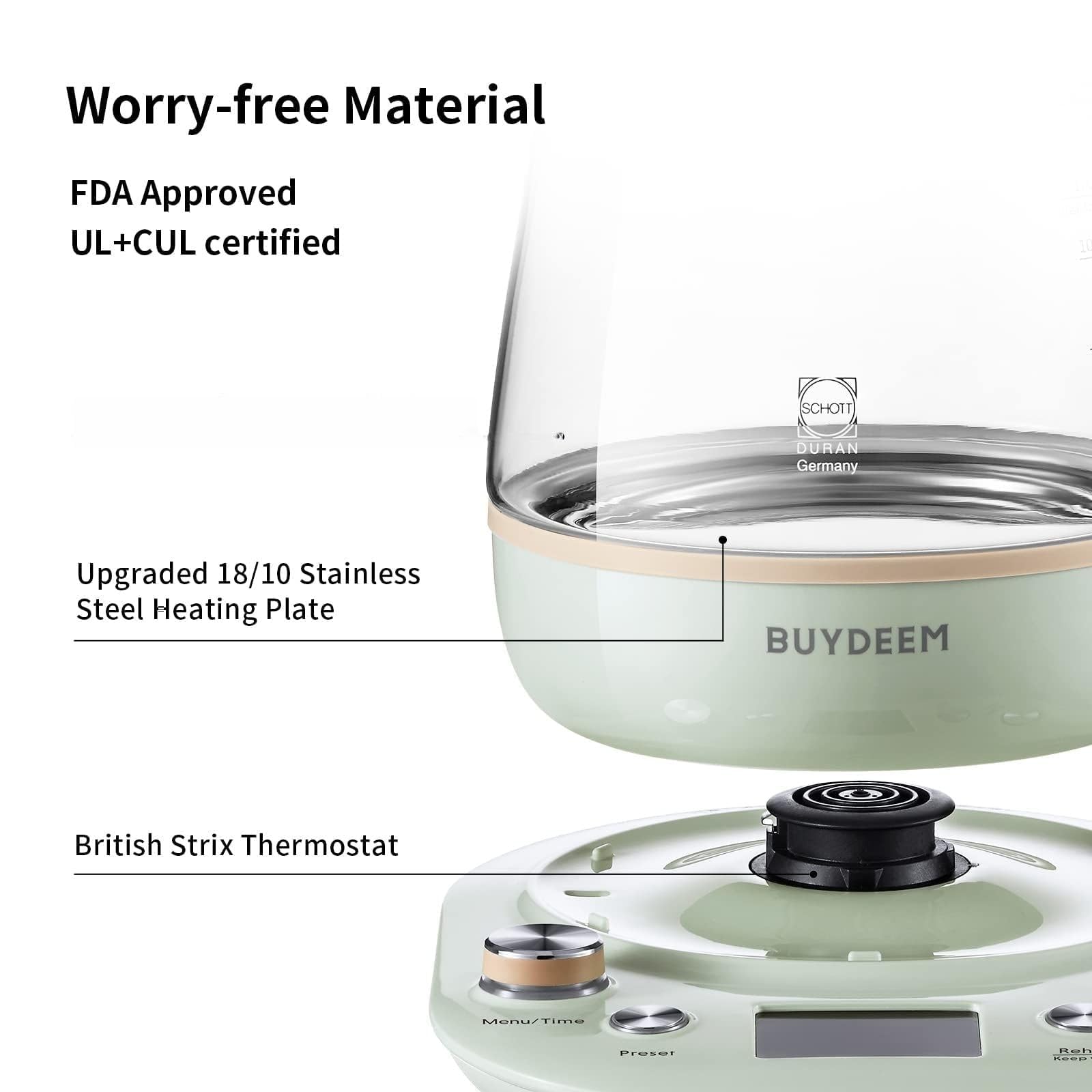 BUYDEEM Health Pot K2763 Lite, Glass Electric Kettle for Tea & Coffee, Hot Water Boiler and Wamer with Stew Pot, Temperature Control, Green, 1.5L