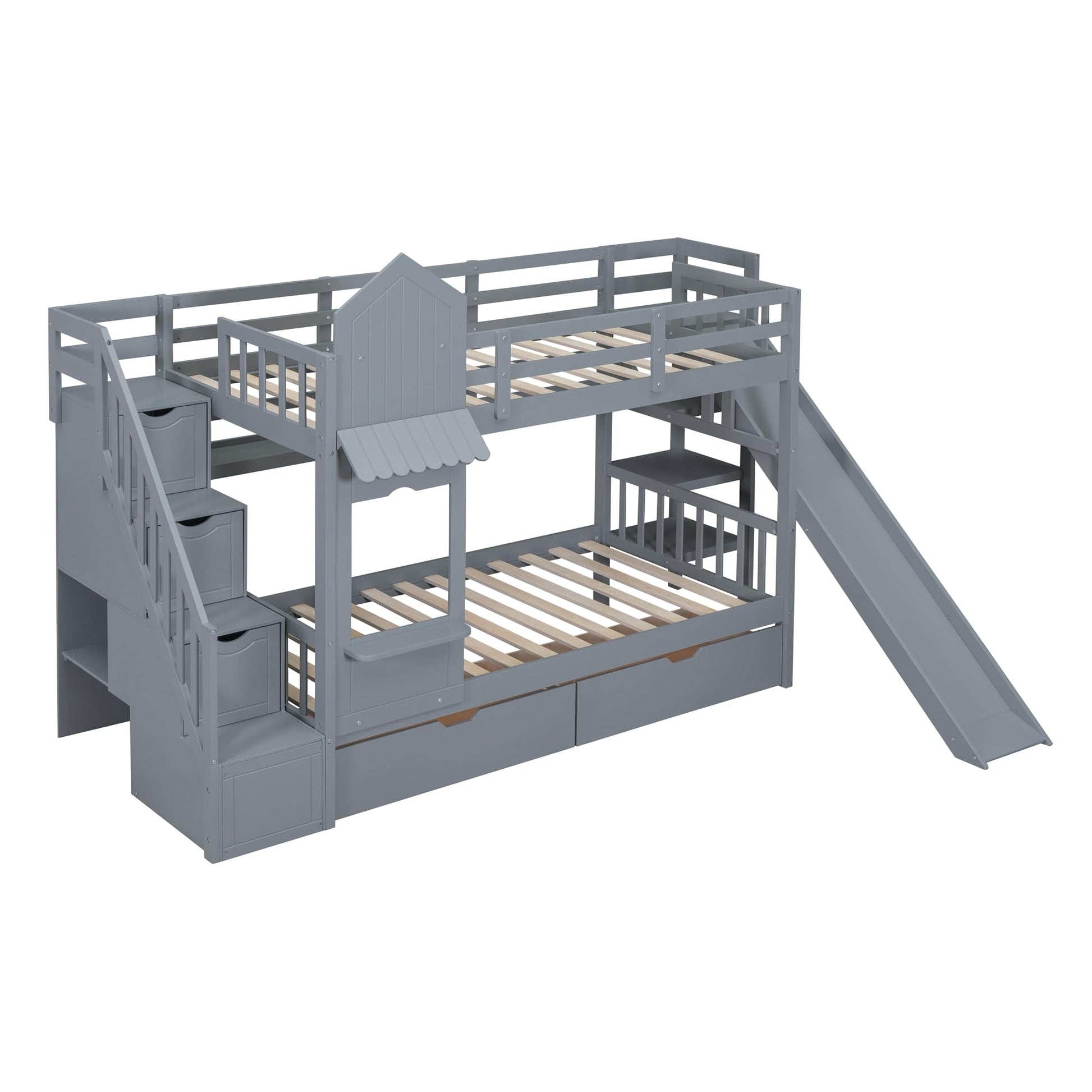 Twin-Over-Twin Bunk Beds Castle Style Bunk Bed with 2 Drawers 3 Shelves and Slide - Gray