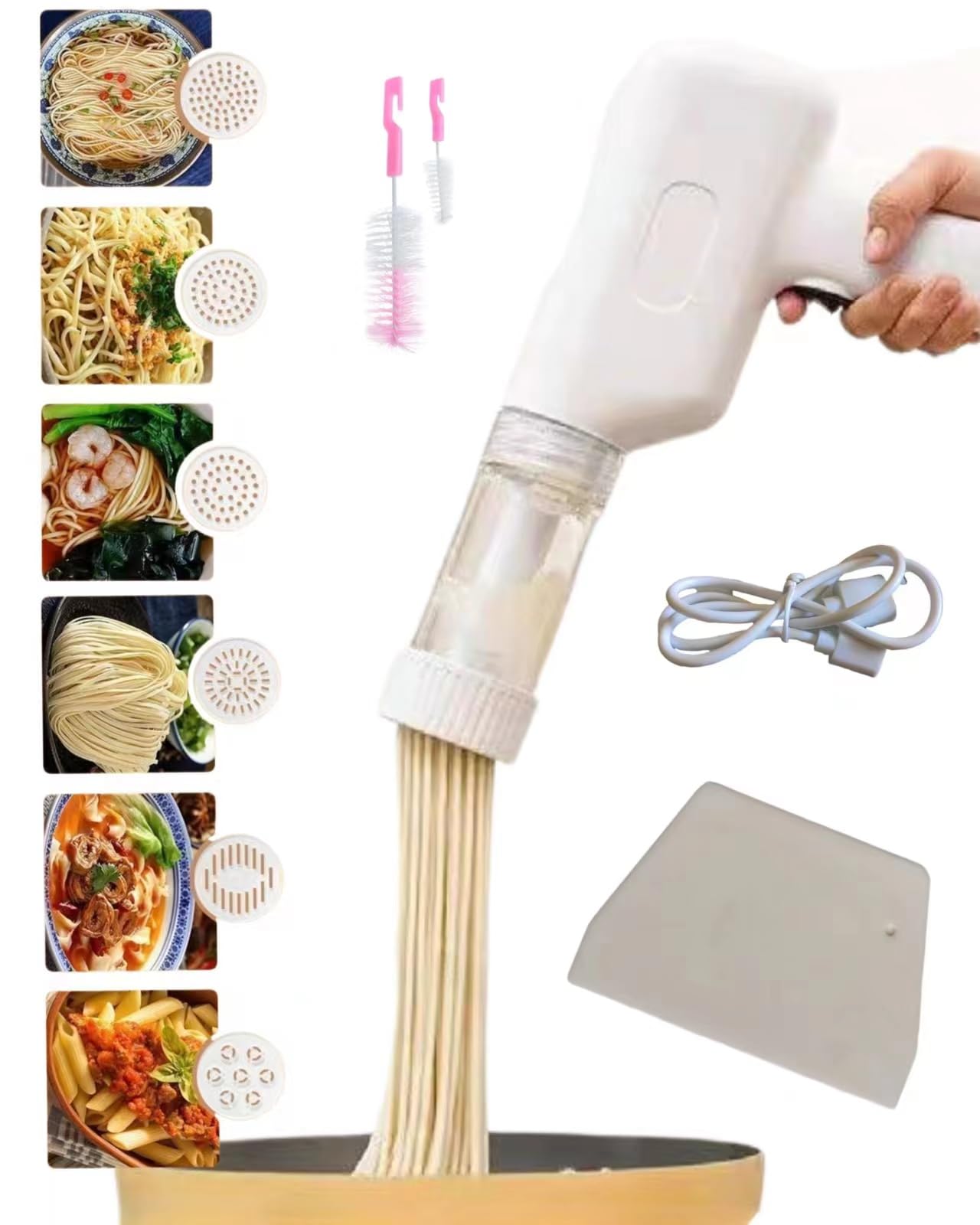Handheld Electric Noodle Machine, Portable Italian Noodle Making Machine With Mold And Cutting Tools, 6-In-1 Cordless Noodle Machine, Automatic Dough Pressing Machine With Cleaning Brush - White