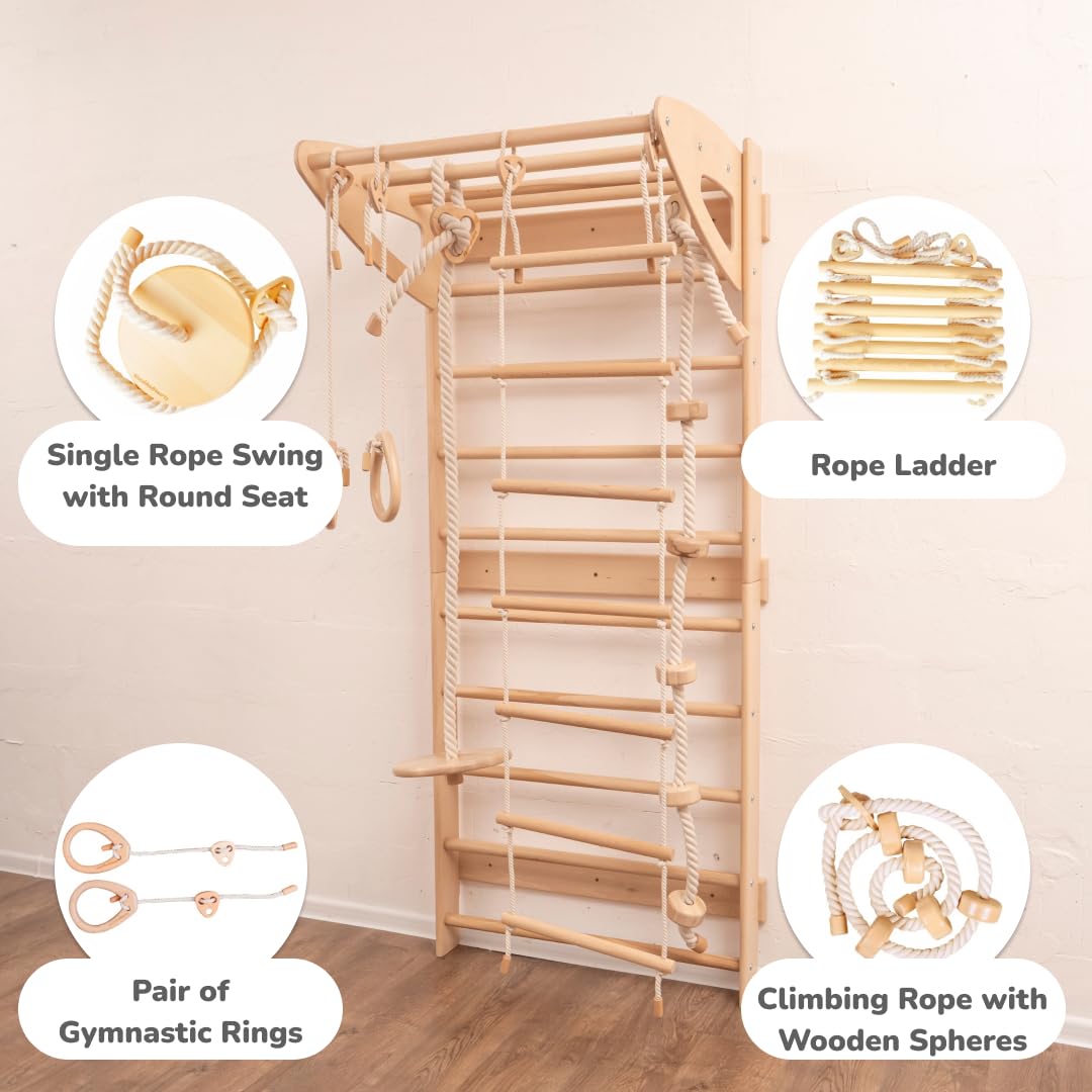 Woodandhearts Swedish Ladder for Kids with Rope Accessories - Indoor Jungle Gym, Indoor Jungle Gym for Kids Ages 6-16, Indoor Climbing Gym (Swedish Ladder of 2 Parts)