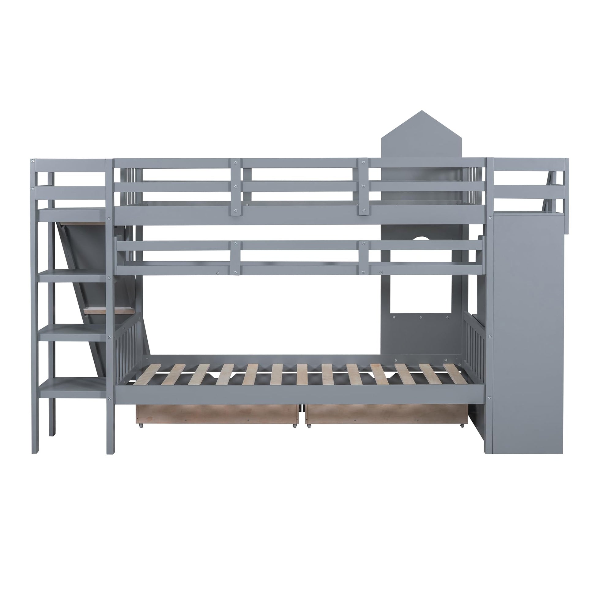 Twin-Over-Twin Bunk Beds Castle Style Bunk Bed with 2 Drawers 3 Shelves and Slide - Gray