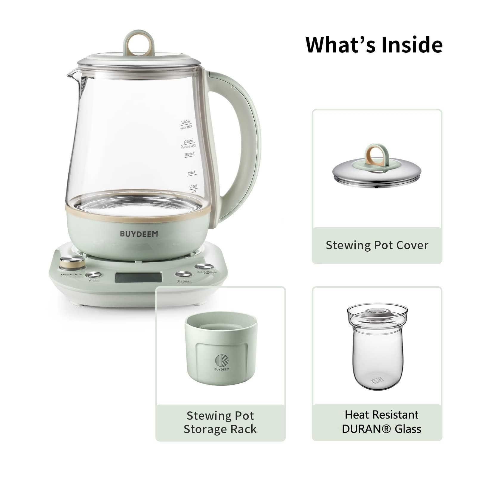 BUYDEEM Health Pot K2763 Lite, Glass Electric Kettle for Tea & Coffee, Hot Water Boiler and Wamer with Stew Pot, Temperature Control, Green, 1.5L