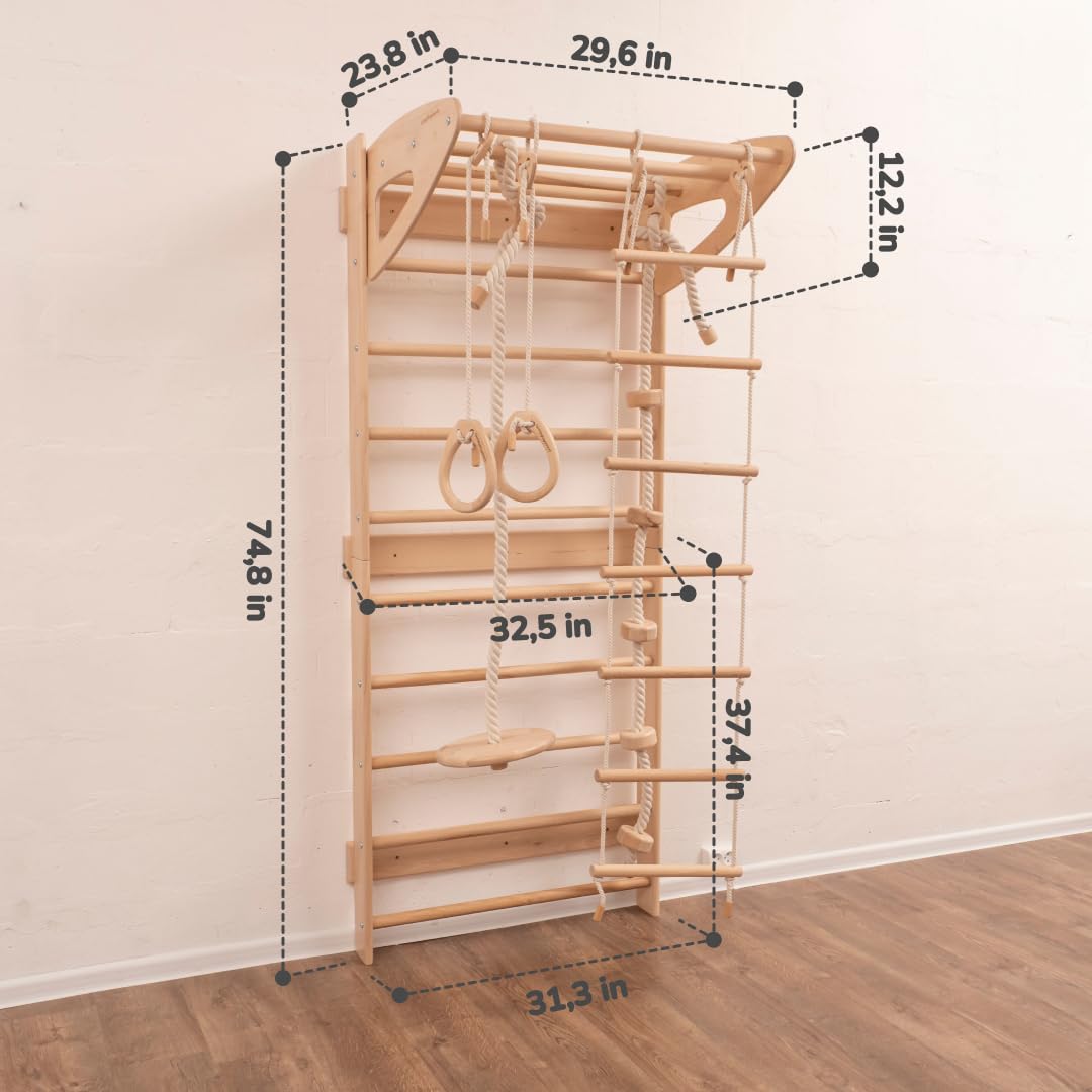 Woodandhearts Swedish Ladder for Kids with Rope Accessories - Indoor Jungle Gym, Indoor Jungle Gym for Kids Ages 6-16, Indoor Climbing Gym (Swedish Ladder of 2 Parts)