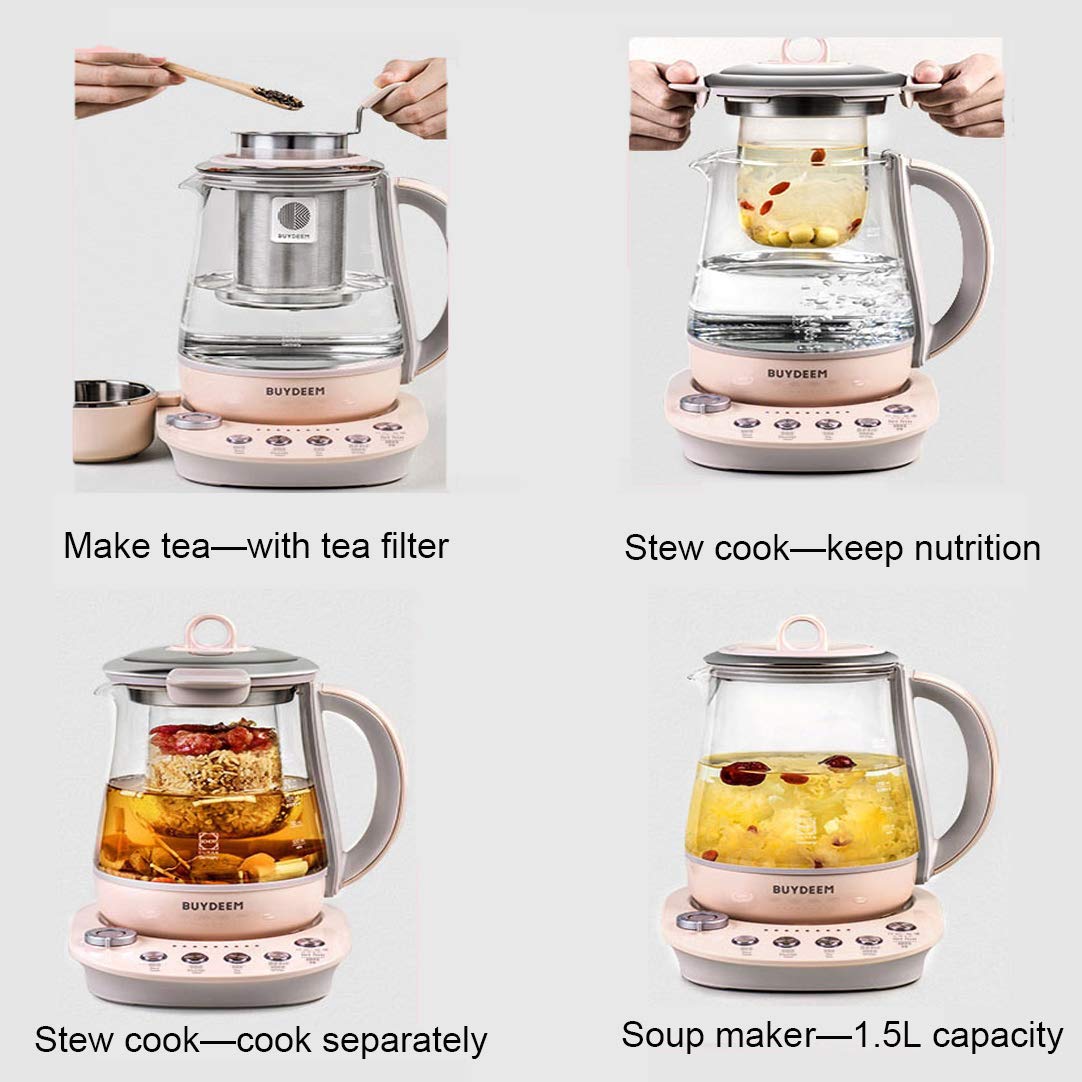 BUYDEEM K2693 Health Pot, Health-Care Beverage Electric Kettle with Thickened Glass, 9-in-1 Fully Automatic Programmable Brew Cooker, 1.5 L, Pink
