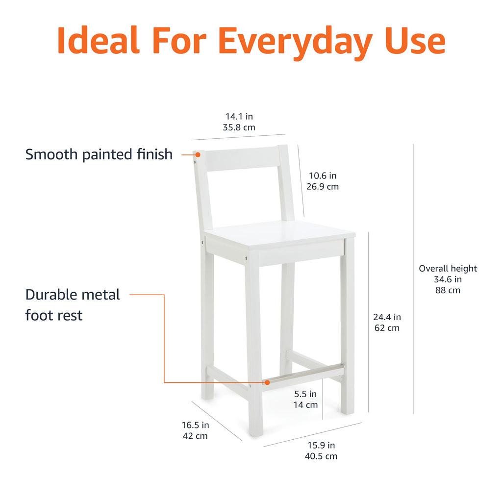 Amazon Basics Wooden Bar Stool with Backrest 24", White, Set of 2