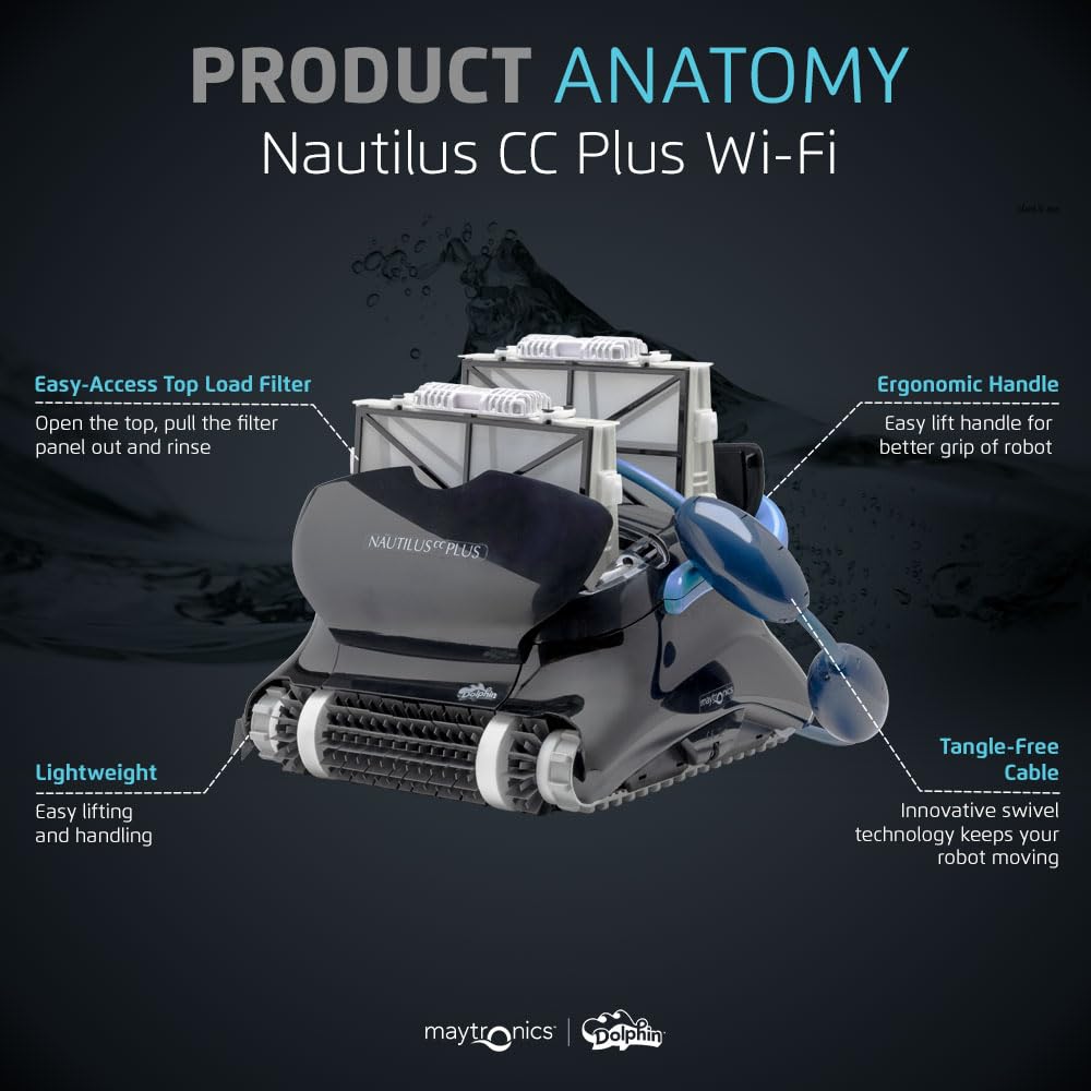 Dolphin Nautilus CC Plus Wi-Fi Automatic Robotic Pool Vacuum Cleaner, Always Cleaning, Never Charging, with Wall Climbing Scrubber Brush, Ideal for In-Ground Pools up to 40 FT in Length