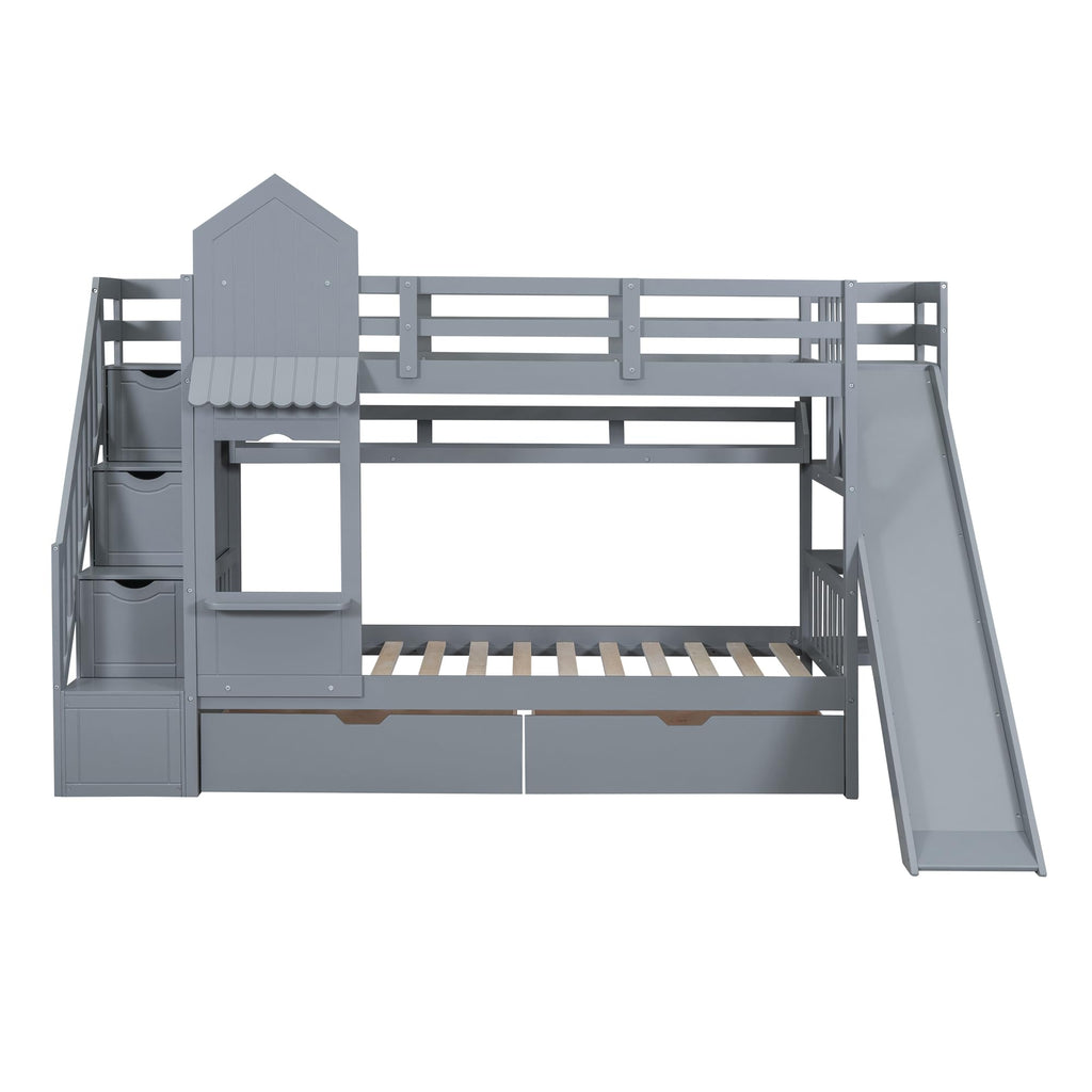 Twin-Over-Twin Bunk Beds Castle Style Bunk Bed with 2 Drawers 3 Shelves and Slide - Gray