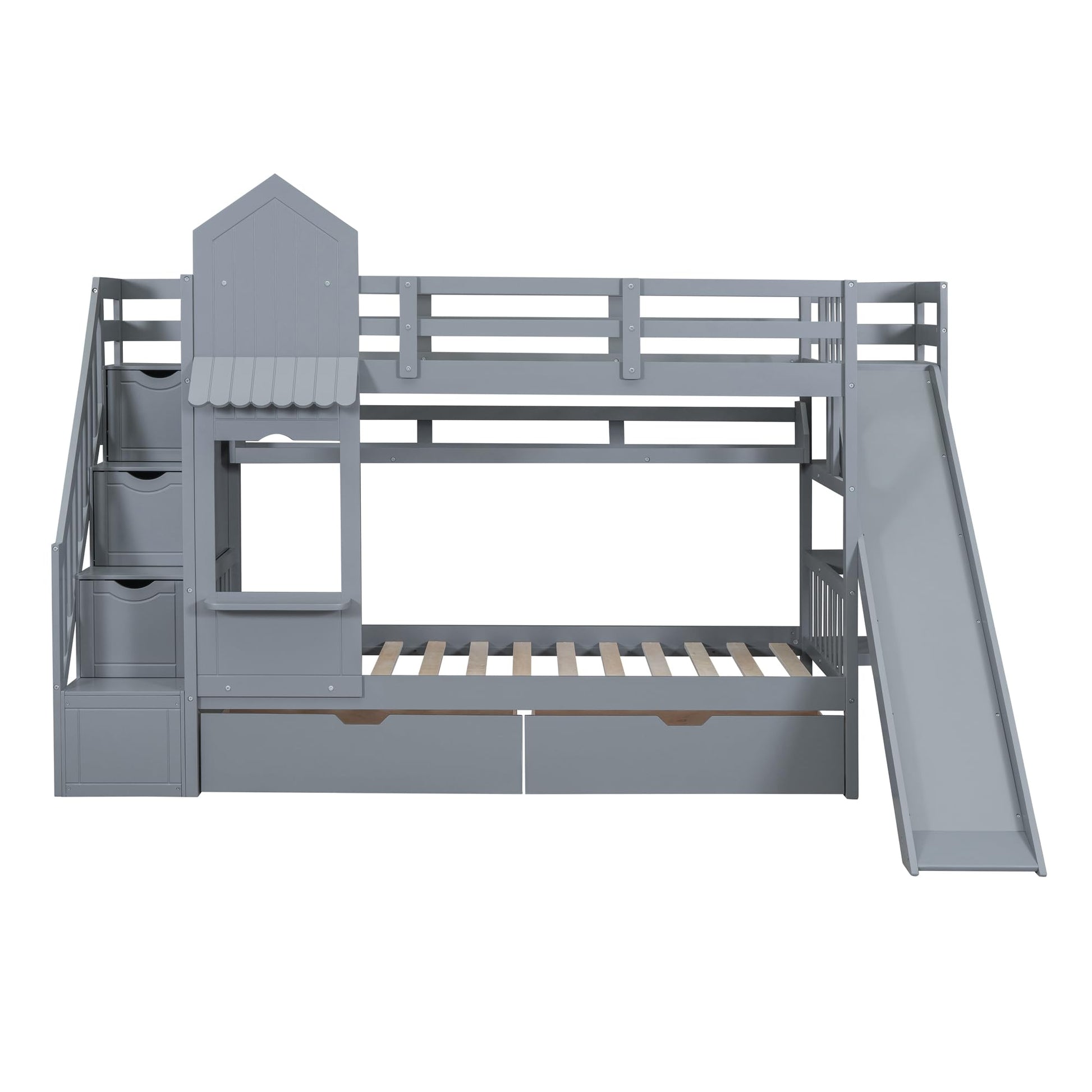Twin-Over-Twin Bunk Beds Castle Style Bunk Bed with 2 Drawers 3 Shelves and Slide - Gray