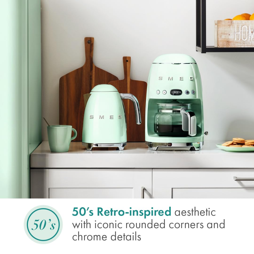Smeg 50's Retro Style Aesthetic Drip Coffee Machine with 10 Cup Glass Carafe, Auto Start Feature, Keep Warm Plate, and Two Coffee Strength Settings (Pastel Green)