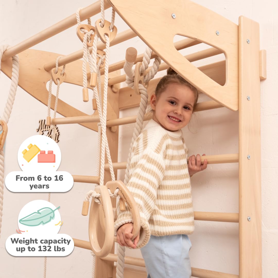 Woodandhearts Swedish Ladder for Kids with Rope Accessories - Indoor Jungle Gym, Indoor Jungle Gym for Kids Ages 6-16, Indoor Climbing Gym (Swedish Ladder of 2 Parts)