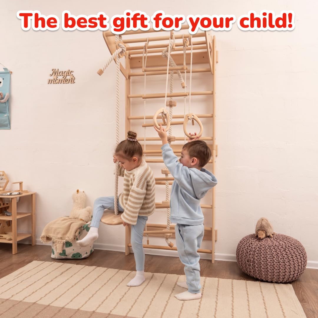 Woodandhearts Swedish Ladder for Kids with Rope Accessories - Indoor Jungle Gym, Indoor Jungle Gym for Kids Ages 6-16, Indoor Climbing Gym (Swedish Ladder of 2 Parts)