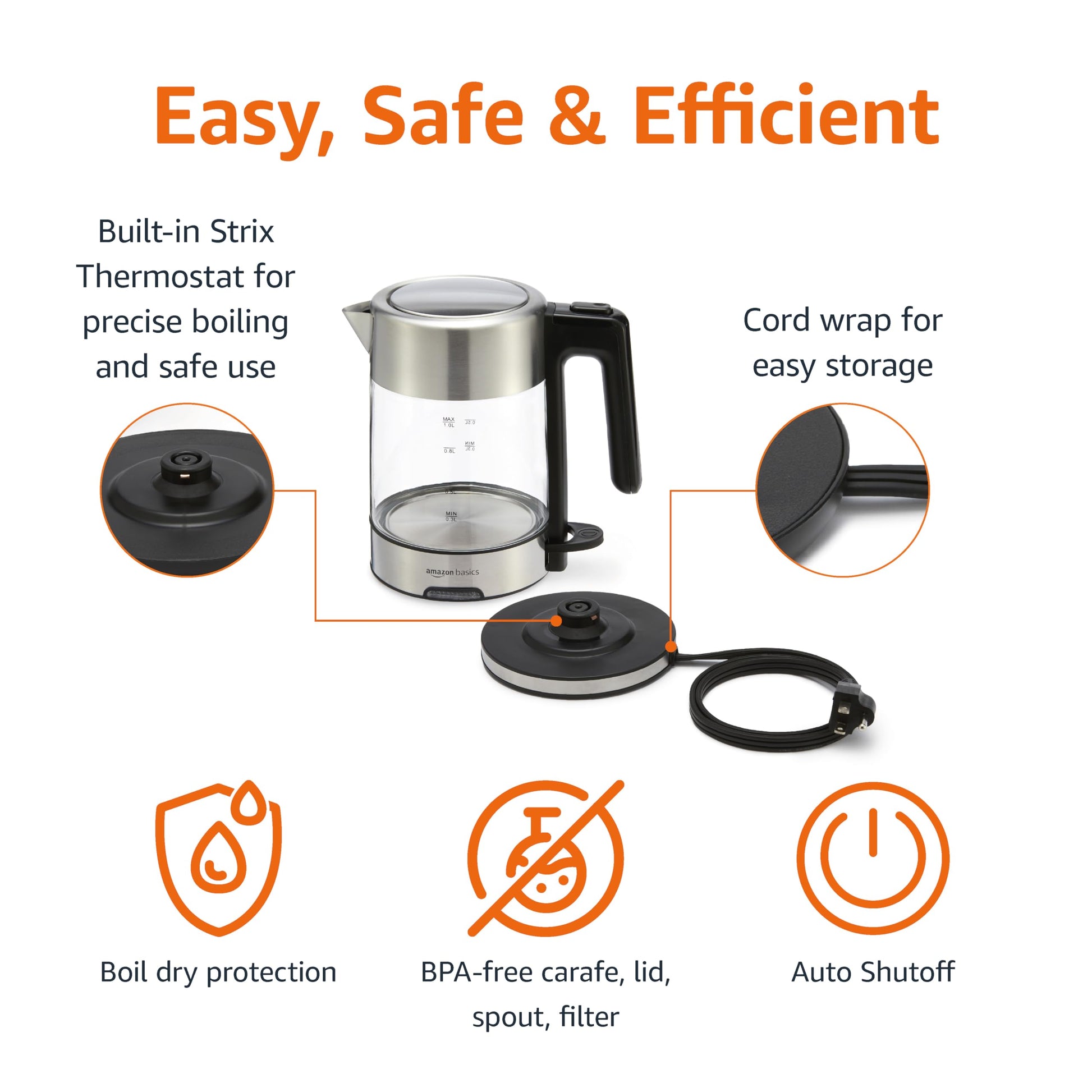 Amazon Basics Electric Kettle with Glass Carafe for Tea and Coffee, BPA-Free, Fast Boiling, Auto Shut-Off, 1.8 Quarts, 1500W, Black and Silver