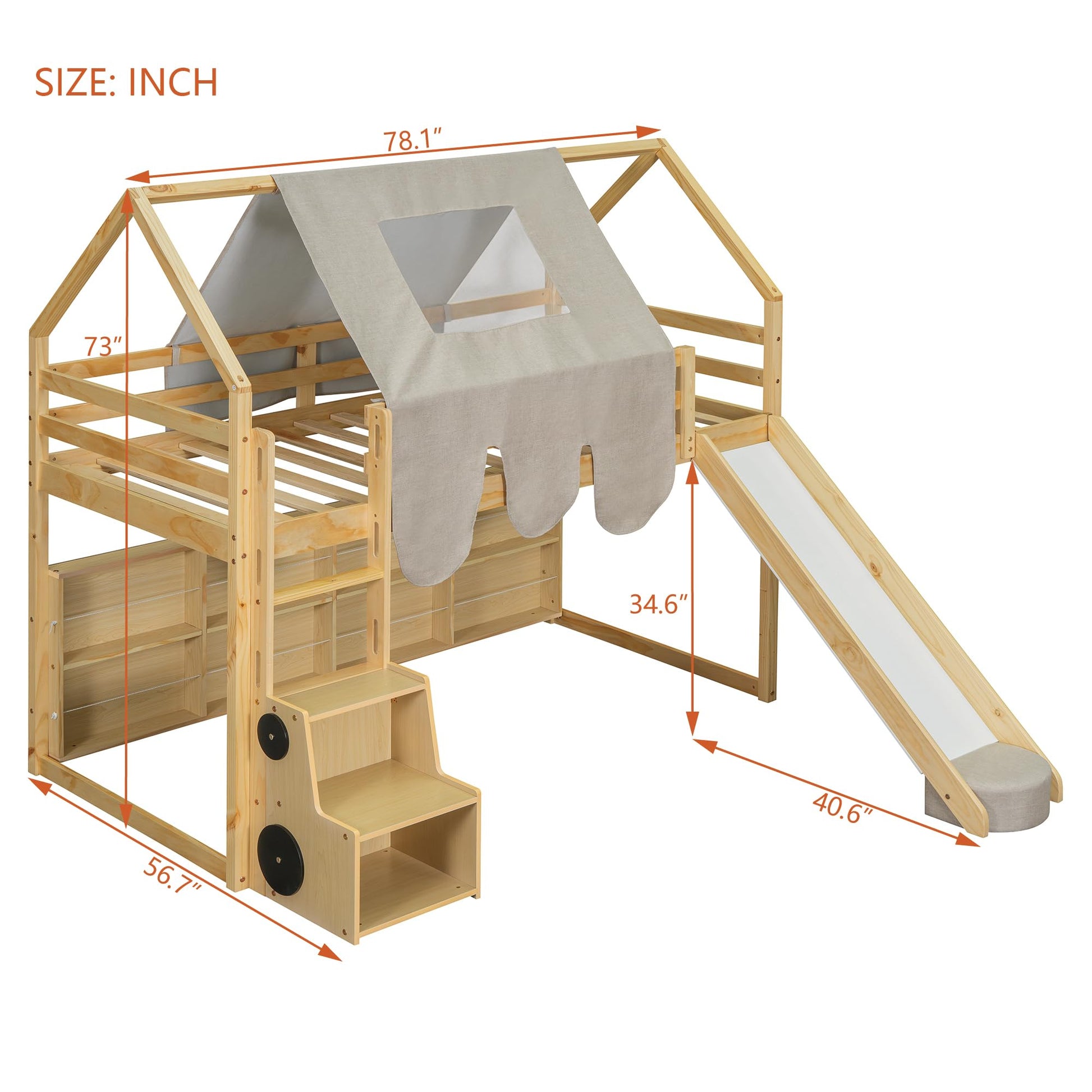 LZ LEISURE ZONE Twin Size Loft Bed with Slide, Wooden Twin House-Shaped Frame with Ladder, Shelves and a Tent, Natural