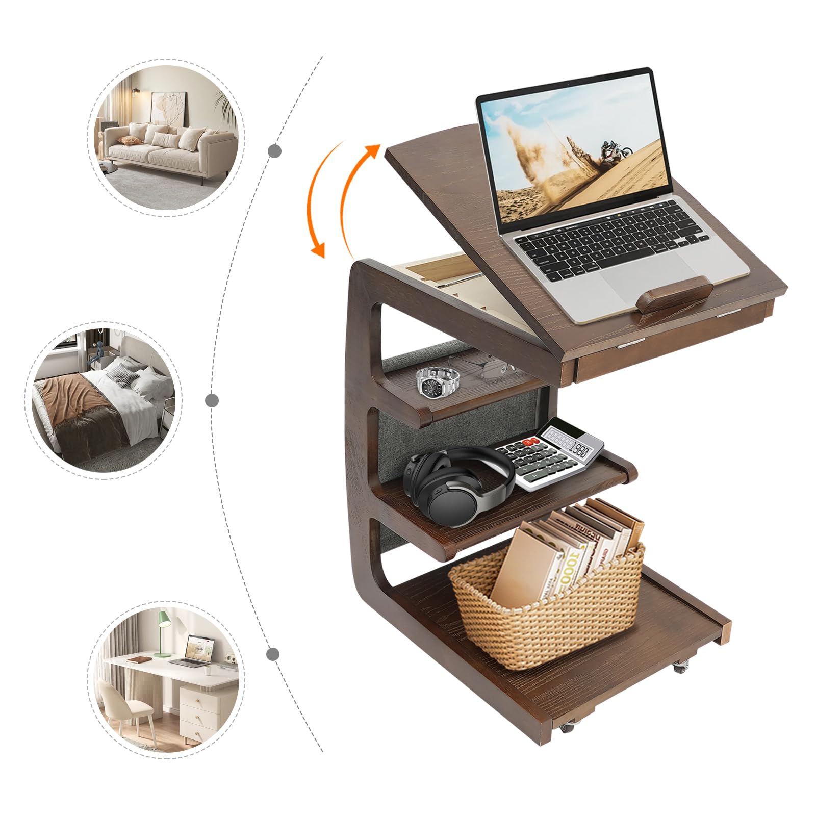 TrueyEssence C-Shaped End Table with Wheels, 4-Tier Small Side Table Wooden Couch Table Reading Table with Storage Adjustable Desktop for Living Room Bedroom