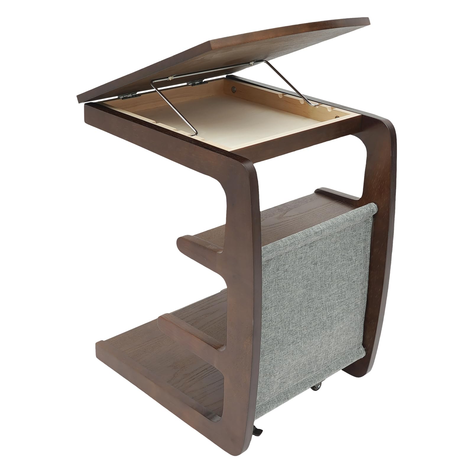 TrueyEssence C-Shaped End Table with Wheels, 4-Tier Small Side Table Wooden Couch Table Reading Table with Storage Adjustable Desktop for Living Room Bedroom