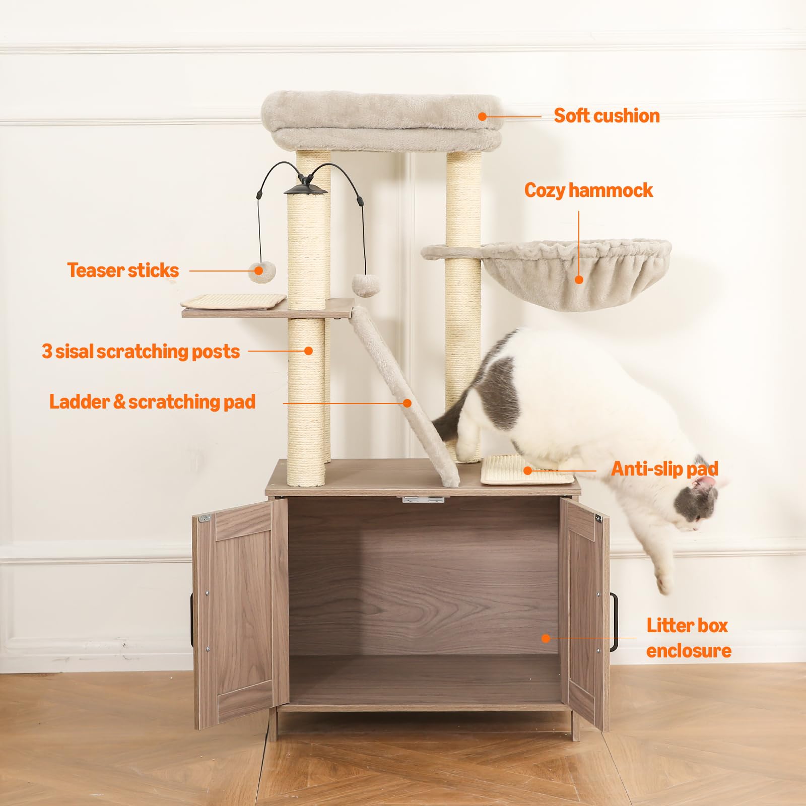 Amazon Basics Furniture-Style Cat Tree with Litter Box Enclosure, Scratching Posts, Sisal Pad, Cozy Perch and Hammock
