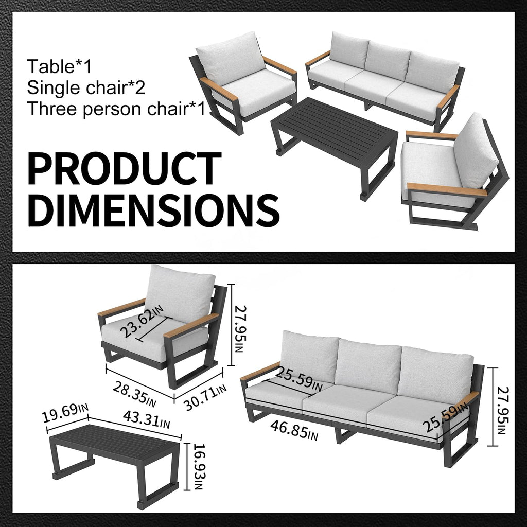 Aug-guan Aluminum Outdoor Sofa,4 Seats Modern Patio Furniture Set,Sectional Sofa Conversation Set with Coffee Table, Upgraded Washable Cushions for Garden Backyard,Grey