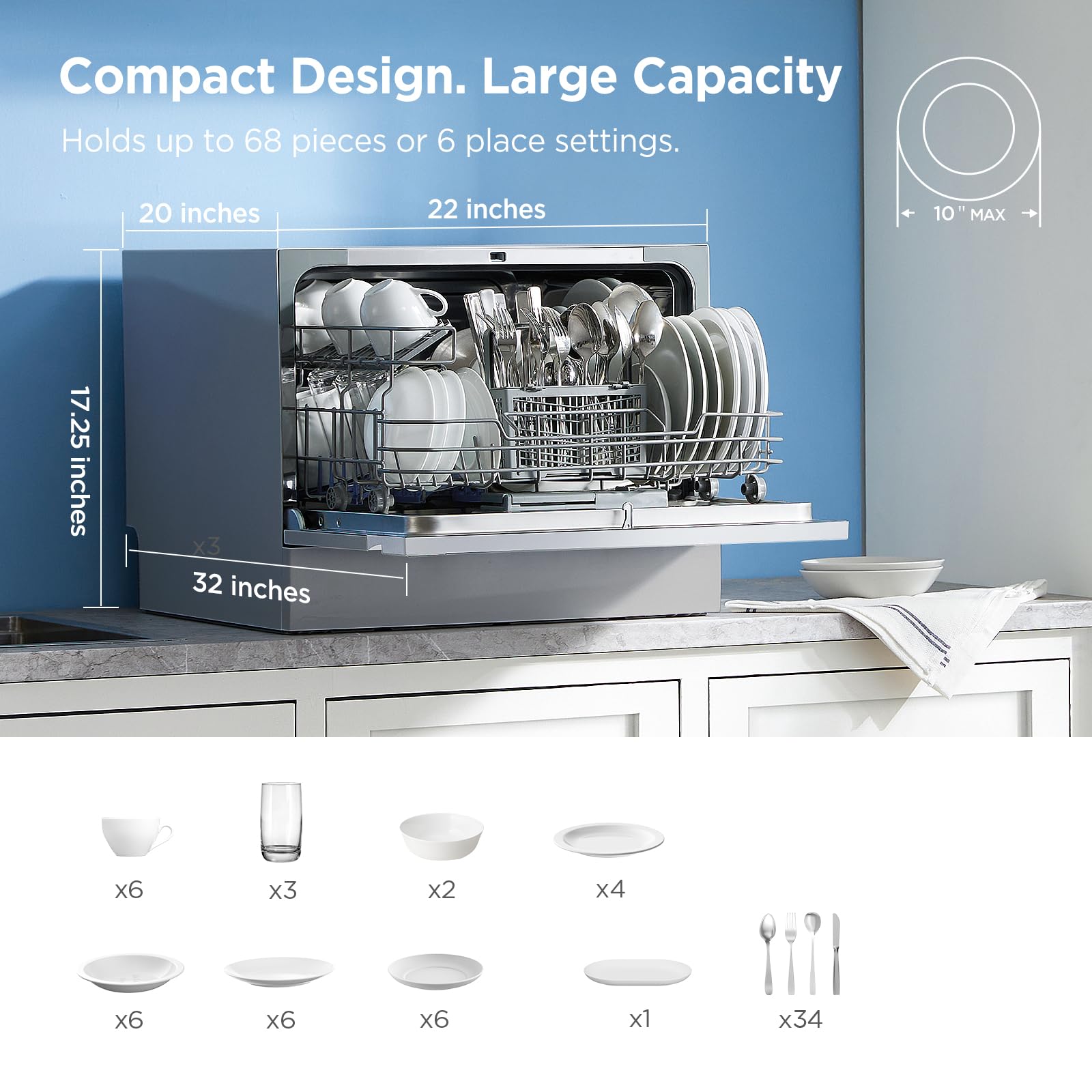 Midea MDC22P2ASS Countertop, Portable Place Settings & 6+2 Washing Cycles. Energy Star Dishwasher, Dish Washer for Dorm, RV& Apartment, Sliver, Silver