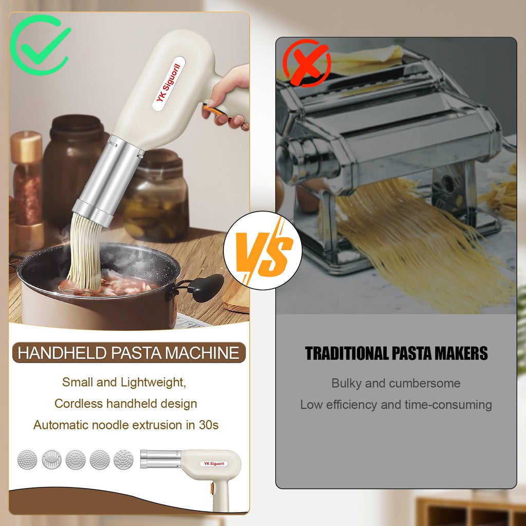 YK Siguoril Handheld Electric Pasta Maker 5-in-1 Cordless Pasta Maker Machine Automatic Noodle Press Machine for Homemade Spaghetti, Portable Noodle Maker with Dough Cutter, Quick and Easy to Clean