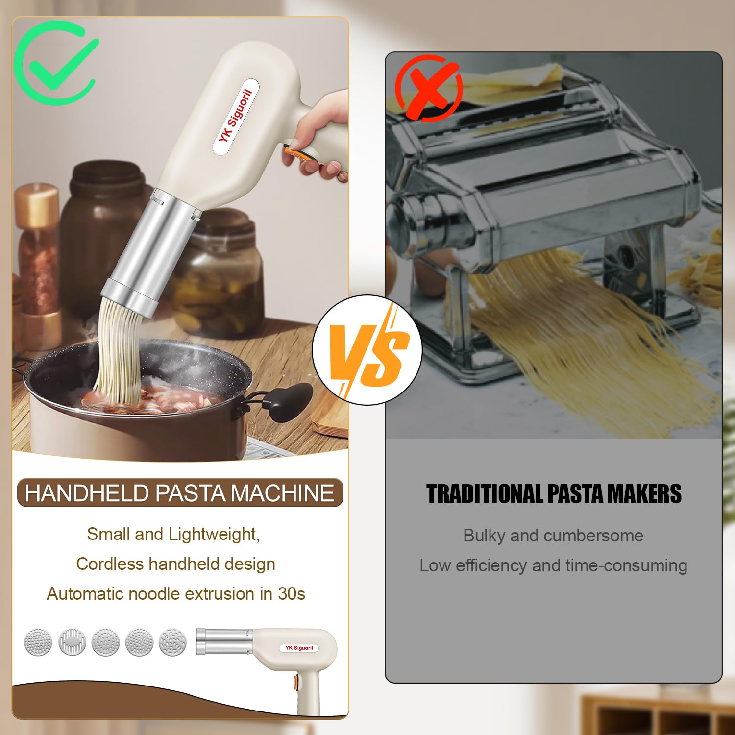 YK Siguoril Handheld Electric Pasta Maker 5-in-1 Cordless Pasta Maker Machine Automatic Noodle Press Machine for Homemade Spaghetti, Portable Noodle Maker with Dough Cutter, Quick and Easy to Clean