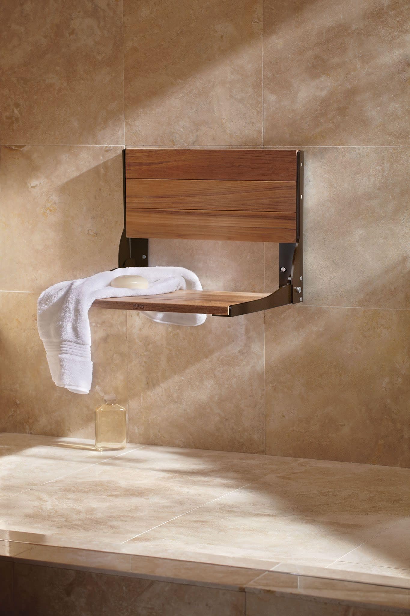 Moen Home Care Bathroom Safety Shower Chair for Elderly and Disabled, Old World Bronze Aluminum Foldable Teak Shower Bench, Handicap Accessories for Daily Living, DN7110OWB