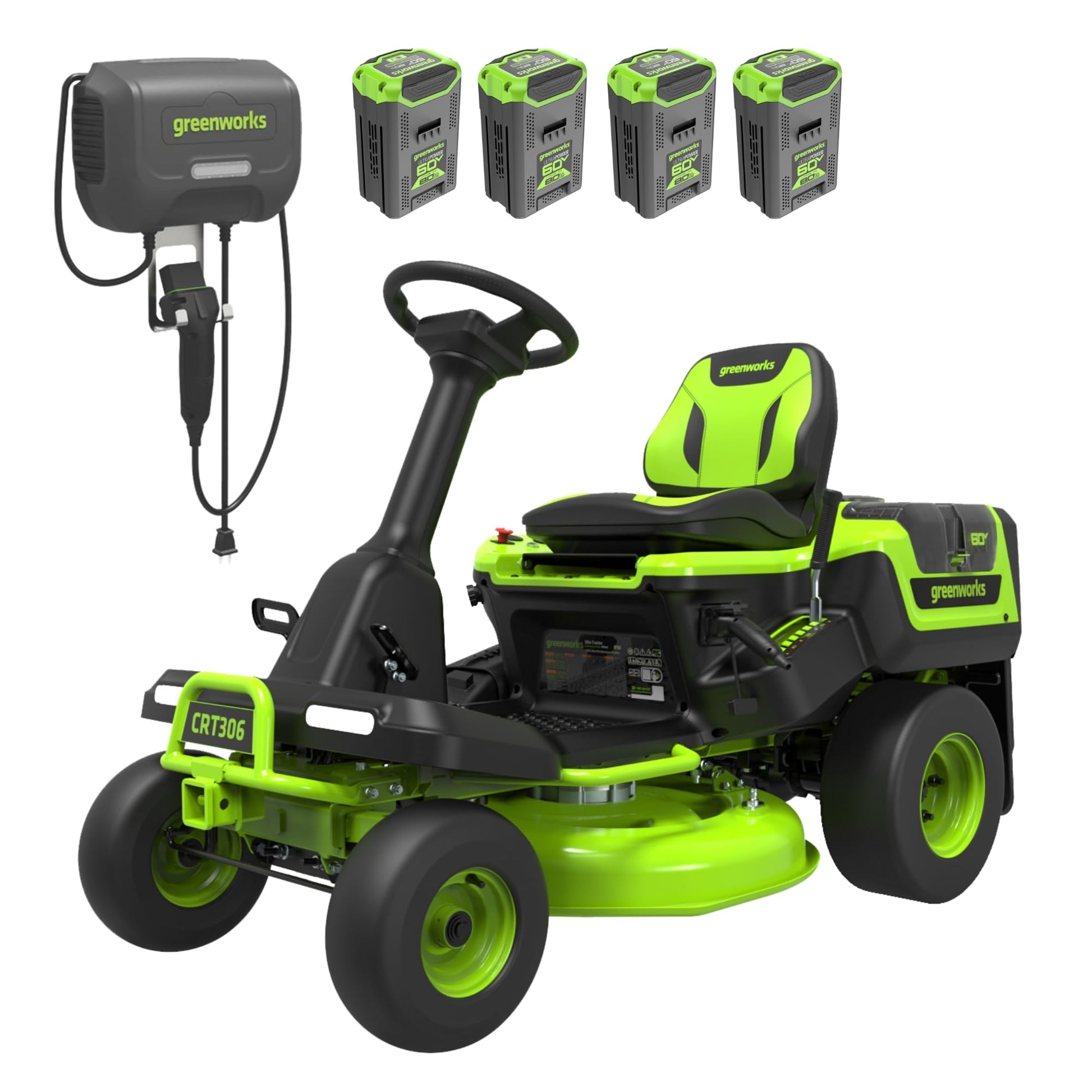 Greenworks 60V 30" Tractor, (4) 8.0Ah + Wall Charger