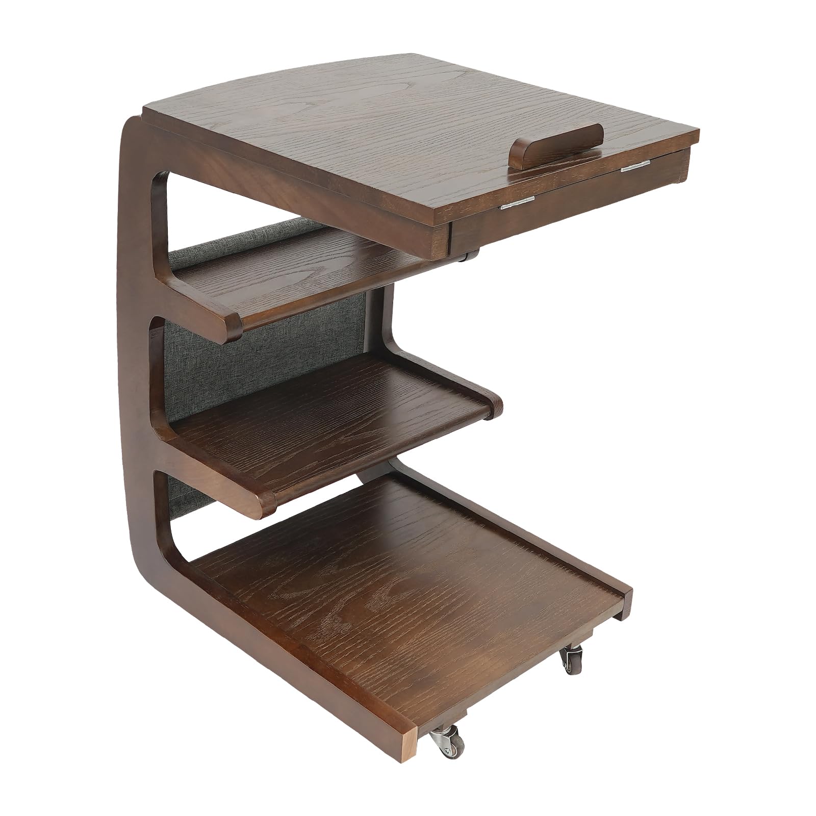 TrueyEssence C-Shaped End Table with Wheels, 4-Tier Small Side Table Wooden Couch Table Reading Table with Storage Adjustable Desktop for Living Room Bedroom