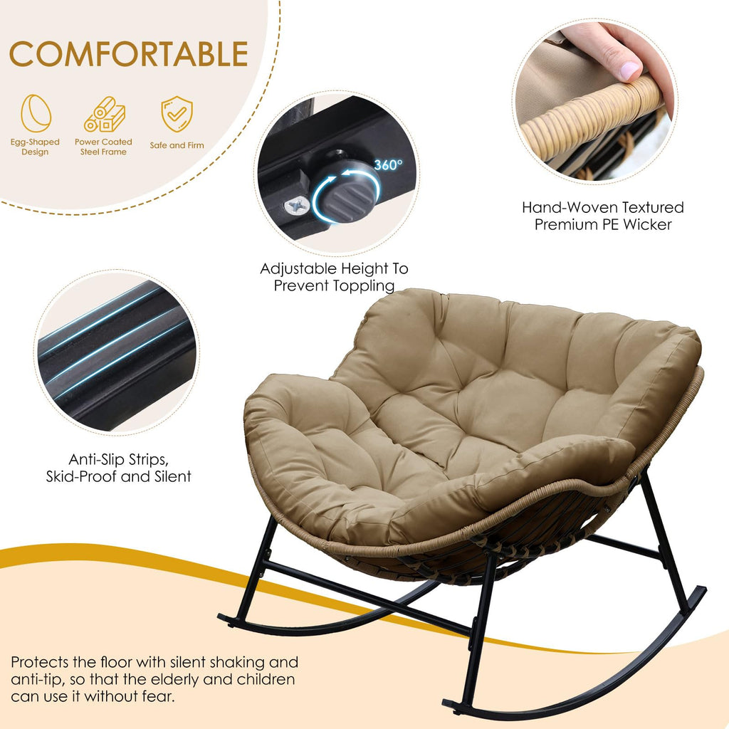 NICESOUL Indoor Outdoor Papasan Rocking Chair with Cushion, Oversized All Weather Patio Wicker Egg Rocking Glider Chairs, 450Lbs Sturdy Comfy Recliner Lounger for Balcony Backyard Porch, Brown