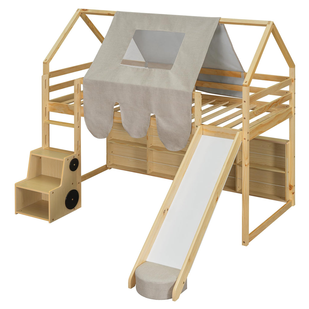 LZ LEISURE ZONE Twin Size Loft Bed with Slide, Wooden Twin House-Shaped Frame with Ladder, Shelves and a Tent, Natural