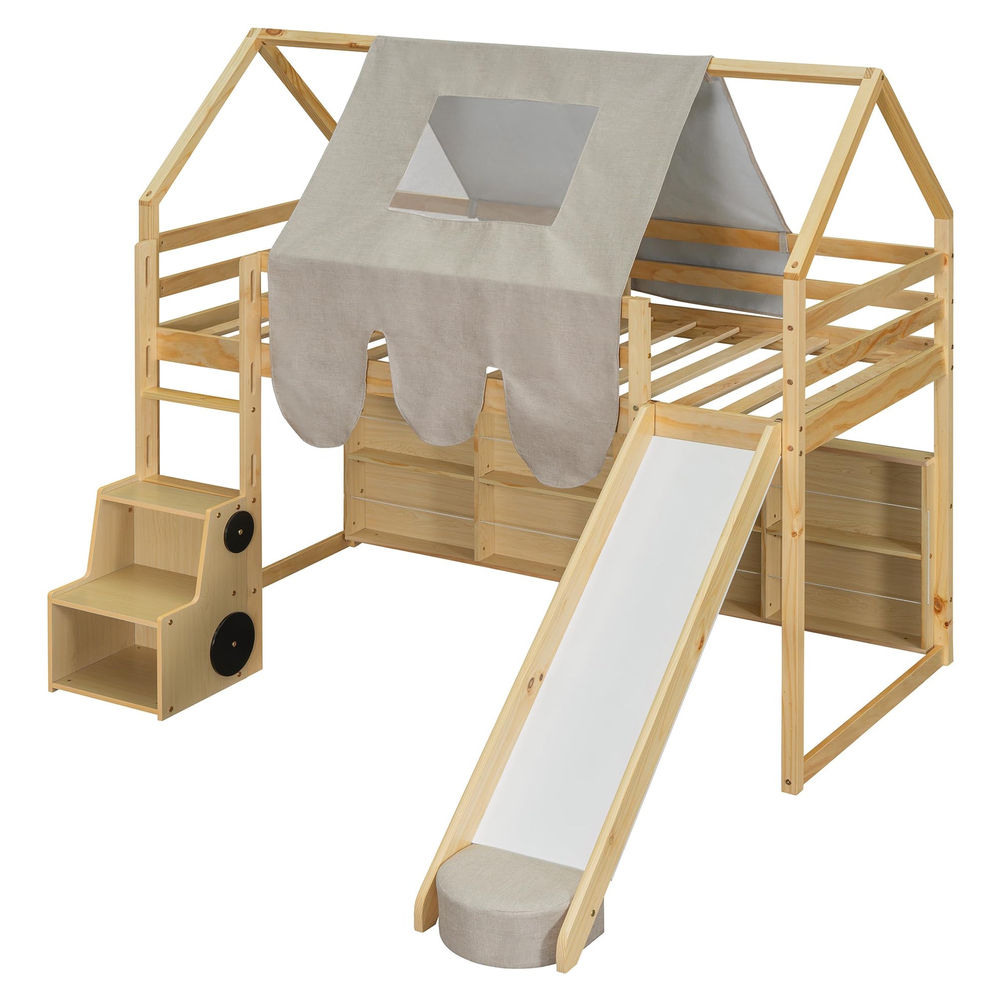LZ LEISURE ZONE Twin Size Loft Bed with Slide, Wooden Twin House-Shaped Frame with Ladder, Shelves and a Tent, Natural