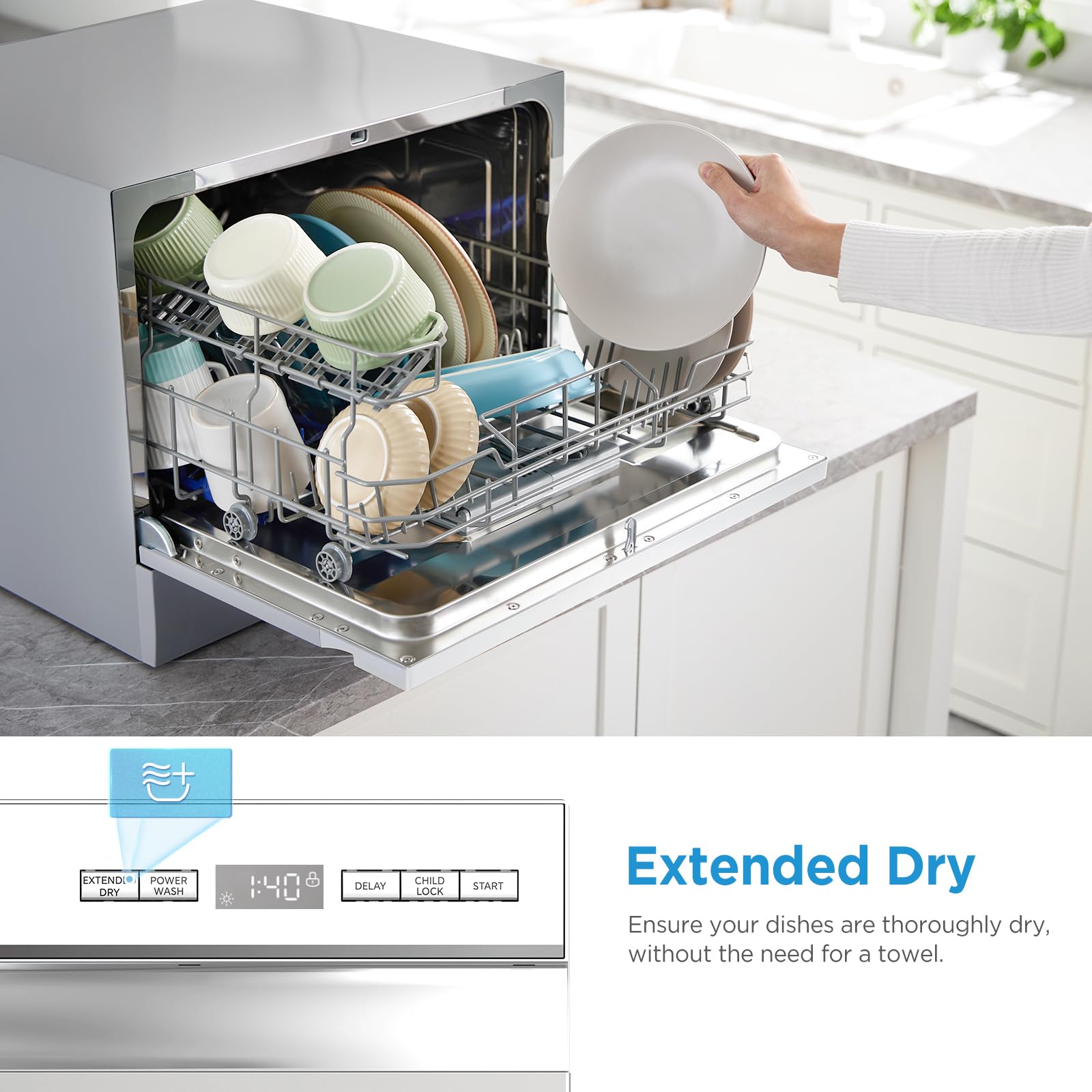 Midea MDC22P2ASS Countertop, Portable Place Settings & 6+2 Washing Cycles. Energy Star Dishwasher, Dish Washer for Dorm, RV& Apartment, Sliver, Silver