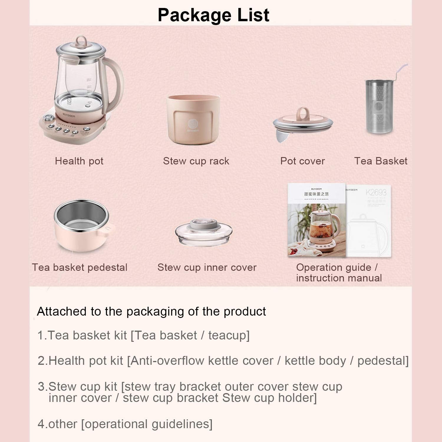BUYDEEM K2693 Health Pot, Health-Care Beverage Electric Kettle with Thickened Glass, 9-in-1 Fully Automatic Programmable Brew Cooker, 1.5 L, Pink