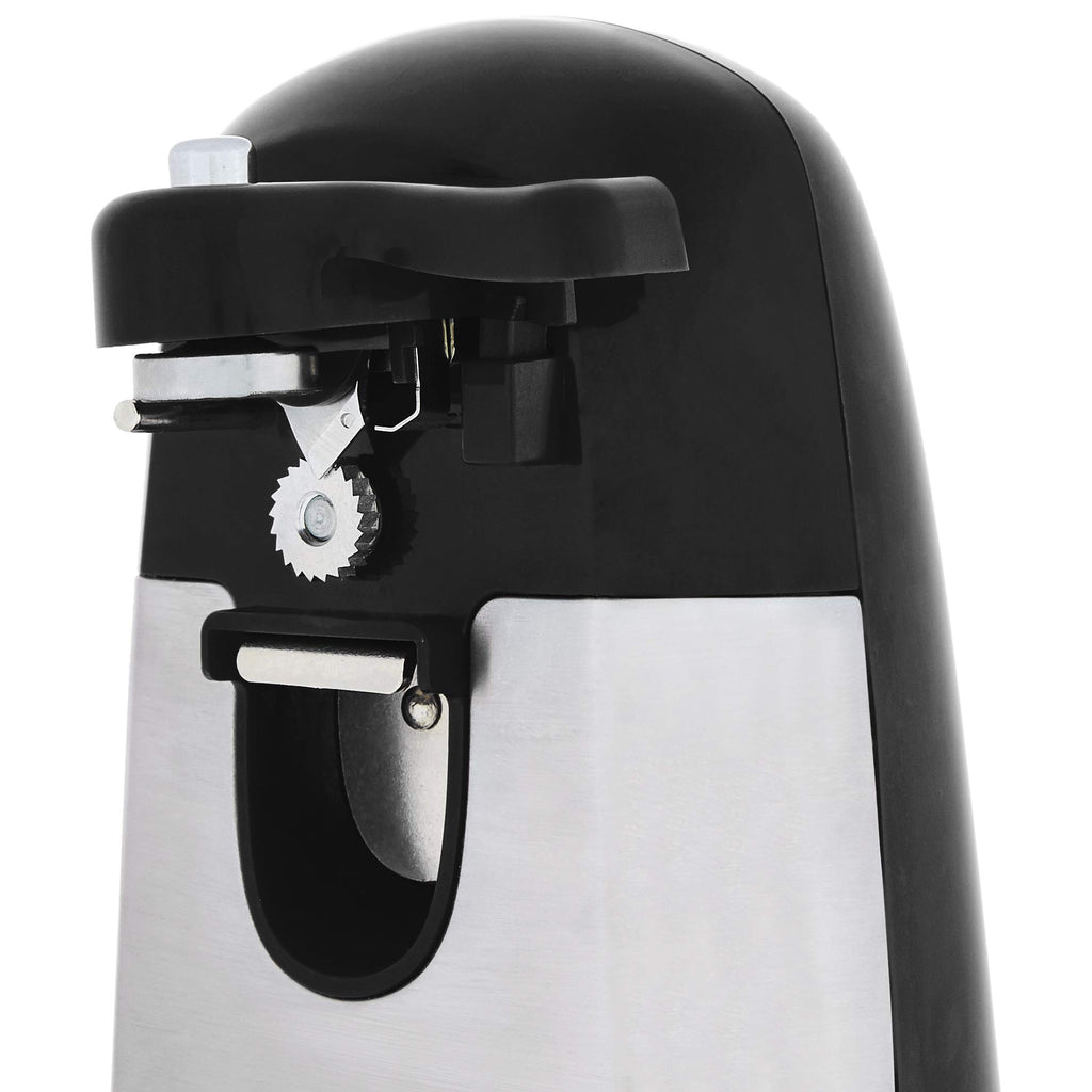 Amazon Basics 3-In-1 Electric Can Opener, Bottle Opener and Knife Sharpener, with Stainless Steel Blade, Magnetic Lid Holder, Automatic, Countertop, 50W, Black